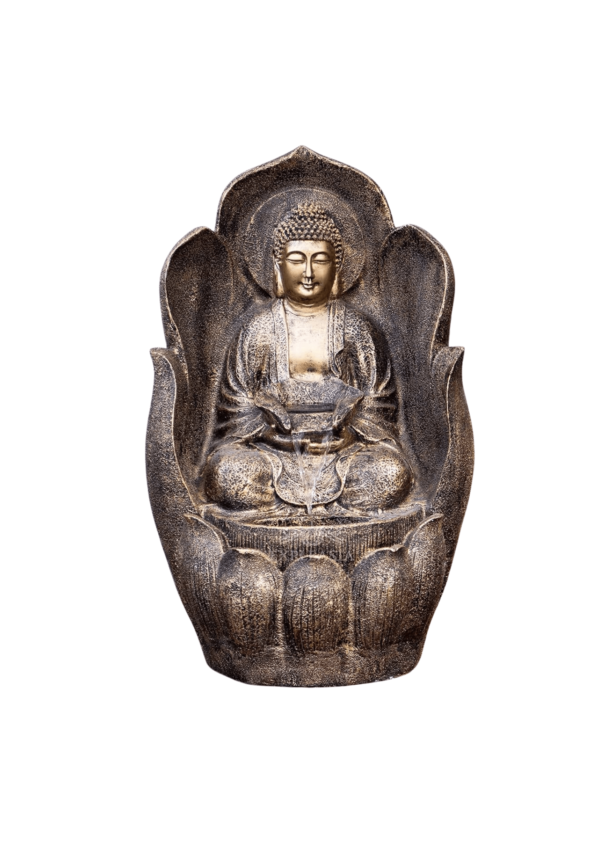 AntiqueGolden sitting Buddha statue in lotus pose for home decor, meditation, spiritual gift, and peaceful interior design
