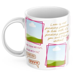 Customised Coffee Mug with pink floral background and two photo frame placeholders.