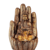 Golden Buddha statue in a hand-shaped water fountain for home decor, meditation room, and spiritual energy enhancement