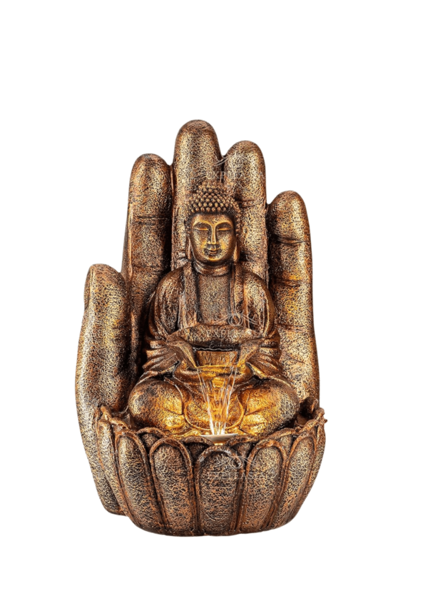 Golden Buddha statue in a hand-shaped water fountain for home decor, meditation room, and spiritual energy enhancement
