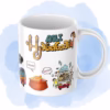Hyderabad-themed ceramic coffee mug featuring illustrations of Charminar, Golconda Fort, Birla Mandir, and Hyderabadi Biryani
