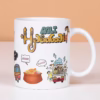 Hyderabad-themed ceramic coffee mug featuring illustrations of Charminar, Golconda Fort, Birla Mandir, and Hyderabadi Biryani