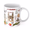 Hyderabad-themed ceramic coffee mug featuring illustrations of Charminar, Golconda Fort, Birla Mandir, and Hyderabadi Biryani