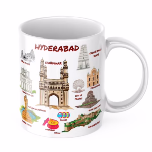 Hyderabad-themed ceramic coffee mug featuring illustrations of Charminar, Golconda Fort, Birla Mandir, and Hyderabadi Biryani