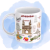 Hyderabad-themed ceramic coffee mug featuring illustrations of Charminar, Golconda Fort, Birla Mandir, and Hyderabadi Biryani