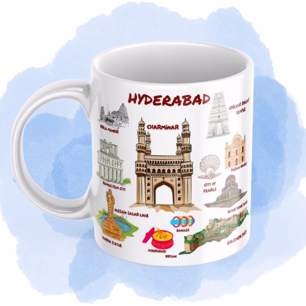Hyderabad-themed ceramic coffee mug featuring illustrations of Charminar, Golconda Fort, Birla Mandir, and Hyderabadi Biryani