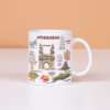 Hyderabad-themed ceramic coffee mug featuring illustrations of Charminar, Golconda Fort, Birla Mandir, and Hyderabadi Biryani