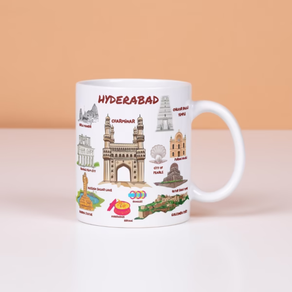 Hyderabad-themed ceramic coffee mug featuring illustrations of Charminar, Golconda Fort, Birla Mandir, and Hyderabadi Biryani