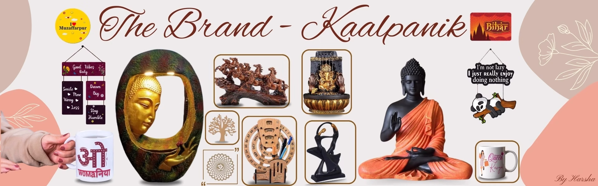 A variety of customized home decor and gift items including mugs, wall hangings, figurines, and art pieces from the brand Kaalpanik, displayed with branding elements and regional inspiration.
