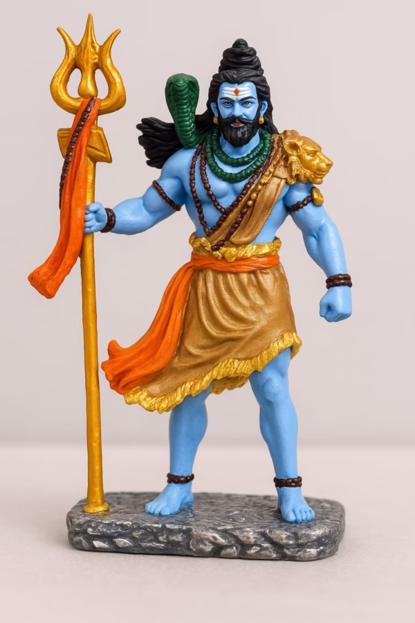Handcrafted Lord Shiva idol with blue body, golden attire, holding Trishul – spiritual home decor statue