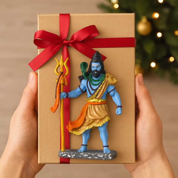 Handcrafted Lord Shiva idol with blue body, golden attire, holding Trishul – spiritual home decor statue
