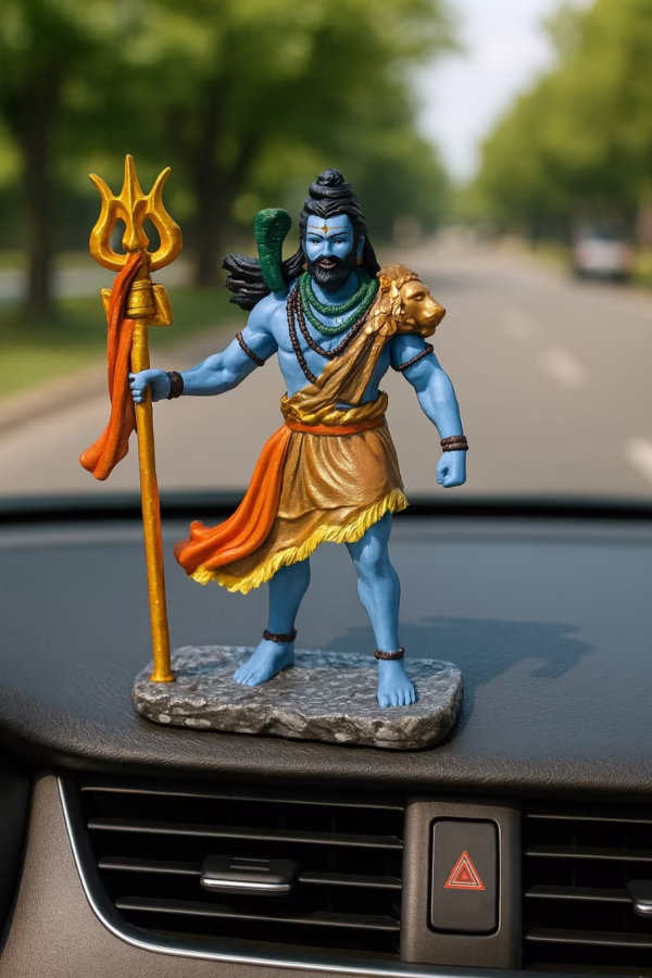 Handcrafted Lord Shiva idol with blue body, golden attire, holding Trishul – spiritual home decor statue