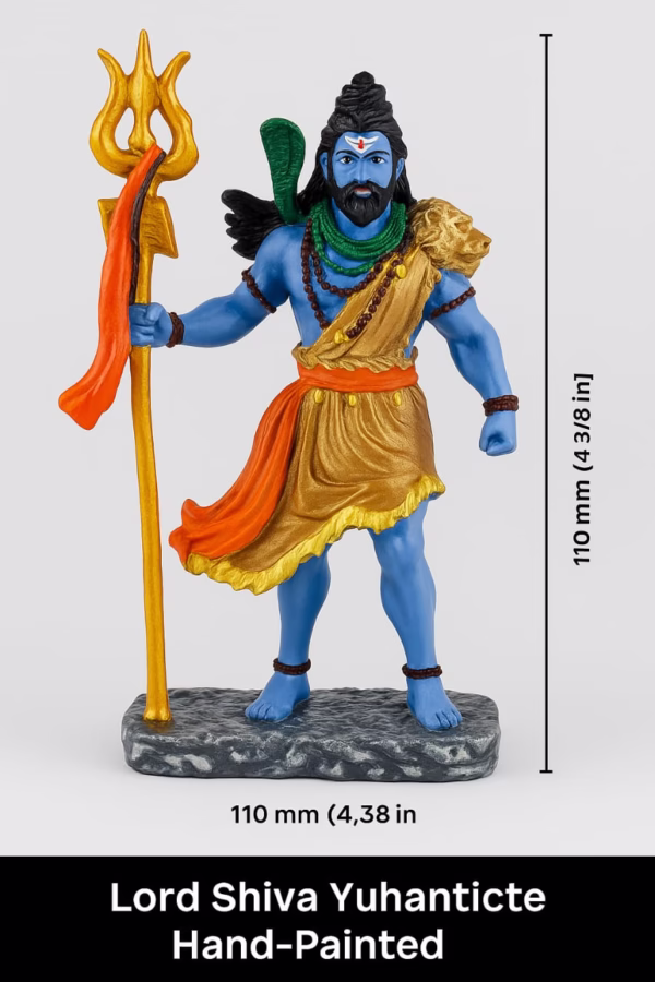 Handcrafted Lord Shiva idol with blue body, golden attire, holding Trishul – spiritual home decor statue