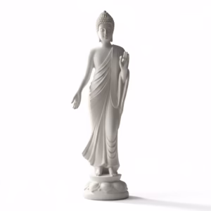 White standing Buddha statue with serene expression on lotus base – decorative resin showpiece for home, office, meditation room, or spiritual décor.