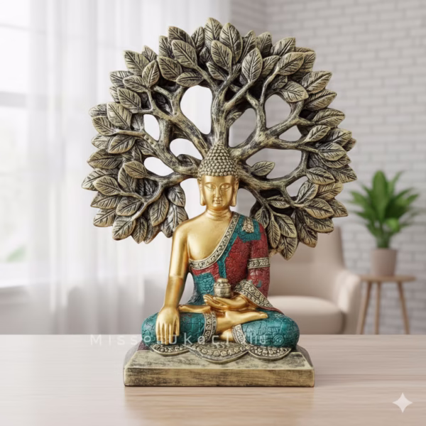 Decorative Buddha statue in colorful robes seated under a stylized Bodhi tree with detailed leaves.