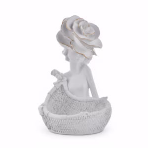 Elegant white resin figurine of a child holding a basket with a large rose on the head – Decorative home showpiece for shelves, tables, and living spaces