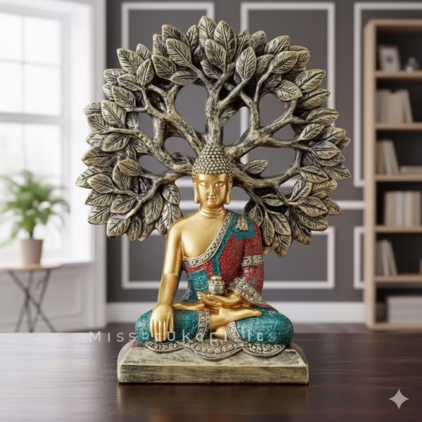 Decorative Buddha statue in colorful robes seated under a stylized Bodhi tree with detailed leaves.