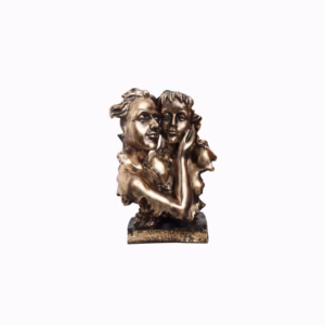 Bronze-finished artistic sculpture of a couple embracing, depicting detailed facial expressions and textured base, ideal for home and office décor.