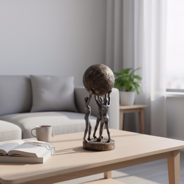 Decorative sculpture of three human figures lifting a textured globe, placed on a wooden table in a modern living room setting, symbolizing teamwork and unity.
