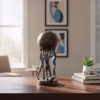 Decorative sculpture of three human figures lifting a textured globe, placed on a wooden table in a modern living room setting, symbolizing teamwork and unity.