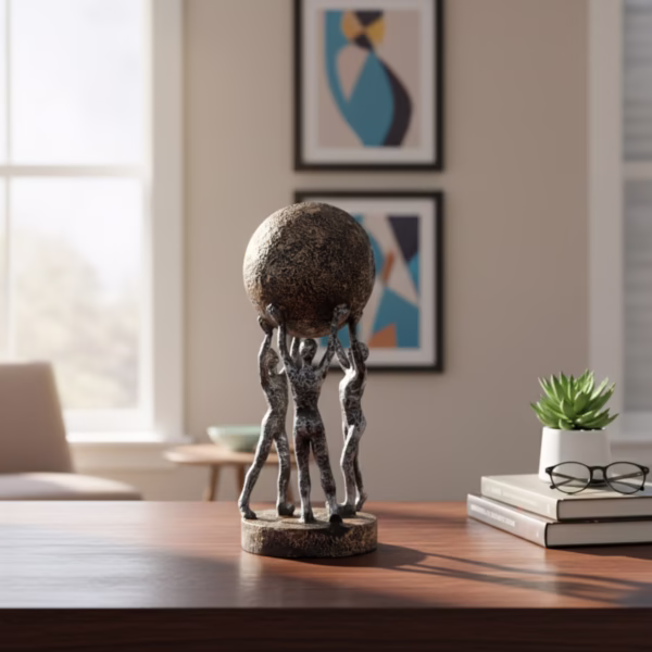 Decorative sculpture of three human figures lifting a textured globe, placed on a wooden table in a modern living room setting, symbolizing teamwork and unity.