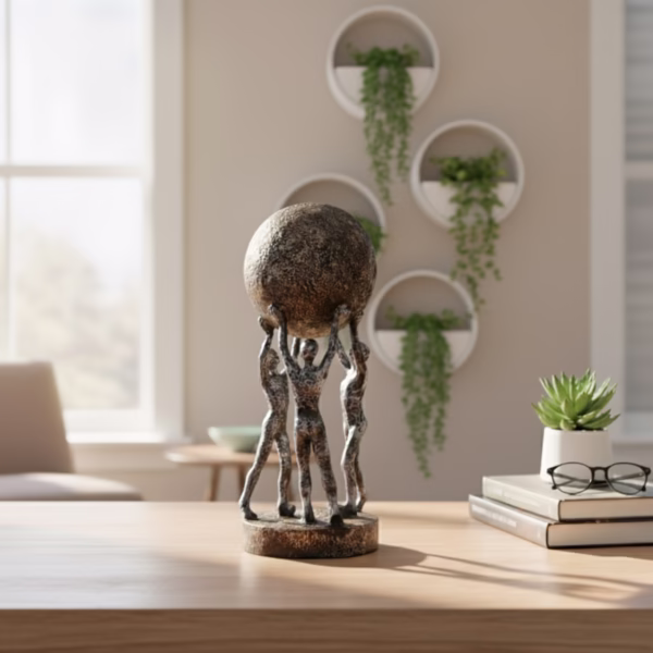 Decorative sculpture of three human figures lifting a textured globe, placed on a wooden table in a modern living room setting, symbolizing teamwork and unity.